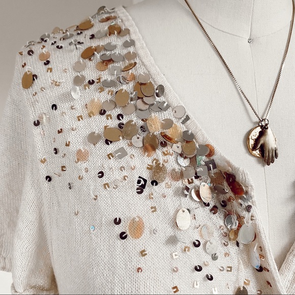 CASHMERE sequin cardigan w/ rhinestone buttons - Picture 2 of 5